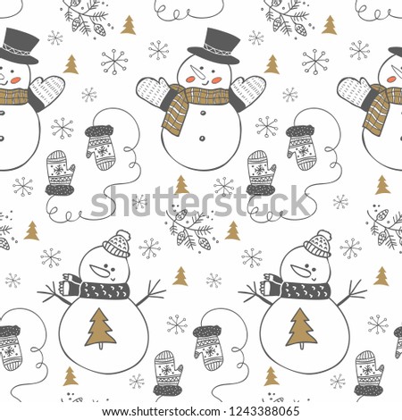 Hand drawn winter seamless pattern with snowman's. Christmas background in doodle style. Cute wrapping paper surface design vector illustration.