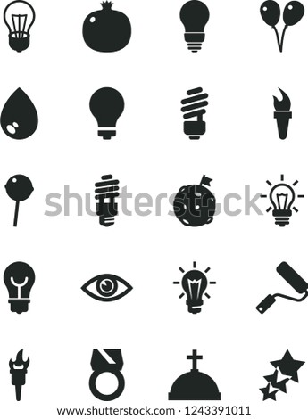 Solid Black Vector Icon Set - matte light bulb vector, colored air balloons, new roller, saving, eye, drop, Chupa Chups, pomegranate, energy, flame torch, flag on moon, gold ring, crown with cross