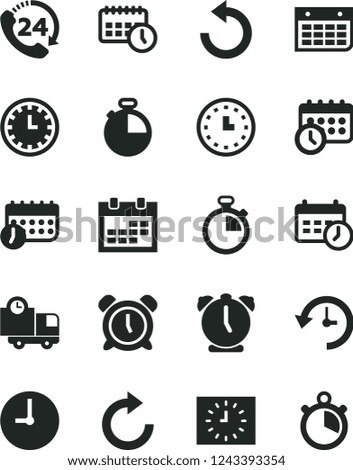 Solid Black Vector Icon Set - calendar vector, stopwatch, clock face, alarm, clockwise, counterclockwise, wall, timer, delivery, 24, watch, black, agenda, schedule, history