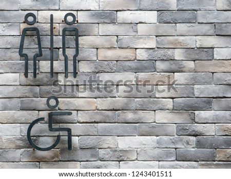 a man and a lady with wheelchair toilet sign on mable background