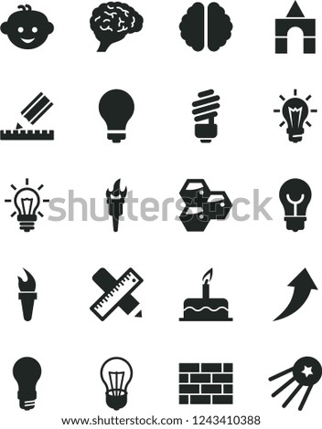 Solid Black Vector Icon Set - matte light bulb vector, children's hairdo, box of bricks, cake, brickwork, saving, writing accessories, drawing, honeycombs, brain, flame torch, arrow up