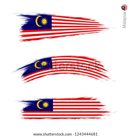 Set of 3 grunge textured flag of Malaysia, three versions of national country flag in brush strokes painted style. Vector flags.