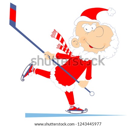 Santa Claus plays ice hockey isolated illustration. Cartoon Santa Claus an ice hockey player isolated on white illustration
