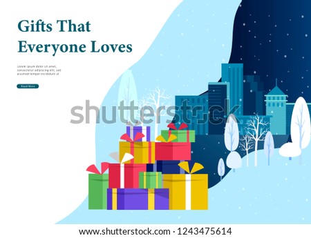 Landing page template or greeting card winter Holidays. Merry Christmas and Happy New Year Website with Christmas gift on background Urban winter snowy park landscape