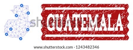 Air ticket combination of polygonal mesh map of Guatemala and textured seal. Vector red seal with distress rubber texture for airtickets. Abstract blue mesh lines,