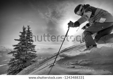 Expert skier in the backcountry B&W
