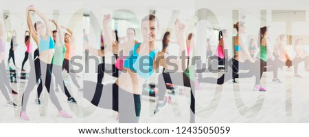 Collage of a group of fit young women in sportswear exercising together in a gym class with an overlay of the word workout