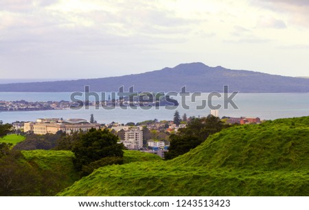 Panoramic View from Mt Eden Crater looking to Rangitoto Island & Volcano, Auckland New Zealand; Afternoon Time before Sunset; Mount Eden Auckland New Zealand