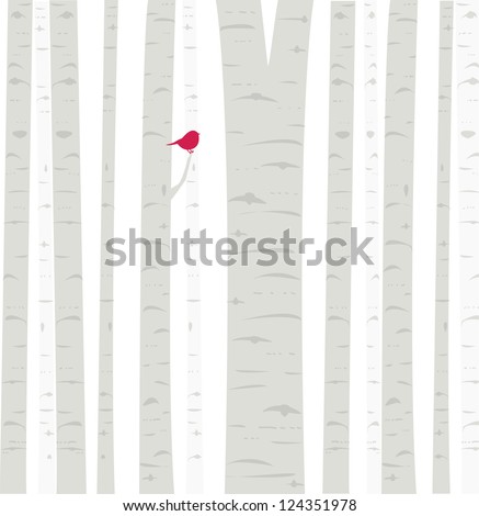 Aspen Birdie: a little red birdie perches among the trees in an Aspen grove. Fully editable vector illustration.