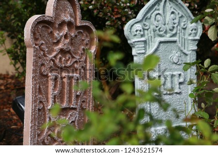 Gray and White Rest in Peace RIP Gravestones with Out of Focus Leaves in the Foreground