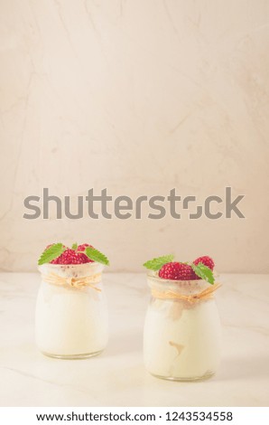 yogurt with berry and mint on the white table/Healthy summer yogurt with berry and mint on the white table, copy space 