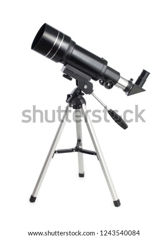 Black telescope on an aluminum tripod isolated on white background Royalty-Free Stock Photo #1243540084
