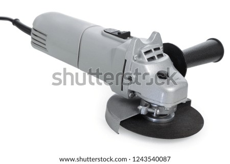 Angle sander machine tool with abrasive disc isolated on white background. 