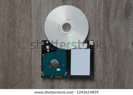Compact Disc (CD) on Solid State Drive (SSD) and Hard Disk Drive (HDD) on brown wooden background