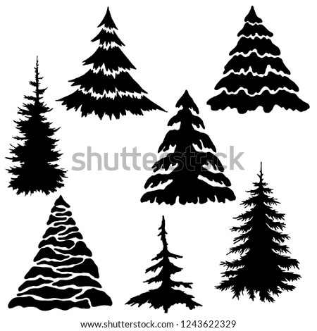set of vector drawings, different fir trees in black color