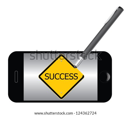 Success road sign by stylus on mobile phone, vector illustration.