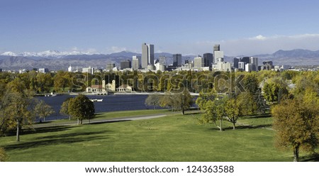 The Mile High City of Denver Colorado, with the Rocky Mountains in the background.