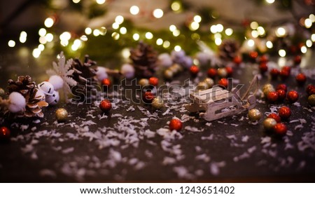 
Holiday decoration, Christmas tree, balls, sleigh. New Year.