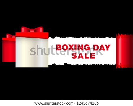 Boxing Day Sale Background for banner, flyer, brochure and posters in web and prints. Ripping red masking tape. Big white and red gift box, with red ribbon bow