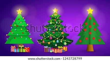 Set of cute cartoon Christmas fir trees. Star decorations, balls, garlands and lots of gift boxes Isolated on purple background. Vector illustration, spruce clip art, elements for greeting card design