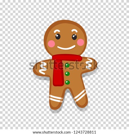 Vector illustration of cute smiling cartoon gingerbread man isolated on transparent background. Festive, holiday sweet christmas cookie decorated with sugar icing. Clip art for greeting card design.
