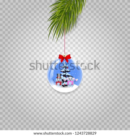 Christmas tree branch with xmas and new year ball decorated with snowmen and red bow on transparent background. Vector illustration, clip art, icon, sign, symbol, design element for greeting card