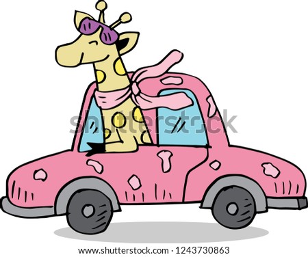 Funny cartoon giraffe on car. White background.
