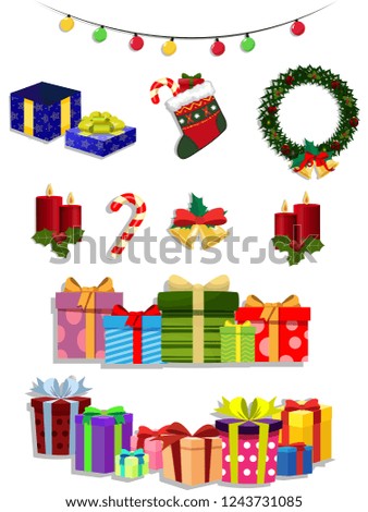 Christmas set of Cute cartoon festive attributes isolated on white background. Gifts, candles, wreath, sock with presents, lights, bells. Xmas decoration design elements for greeting card.
