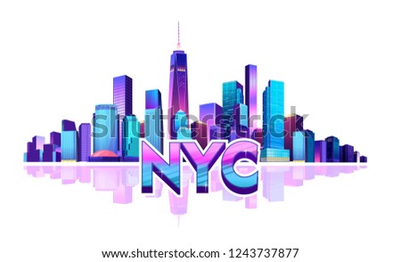 New York city on white background, buildings and community, vector illustration of a big city, neon pink and blue colors,