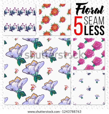 Seamless pattern set of embroidery flowers. Patch floral elements, decorative backgrounds. Digital watercolor technique. 
