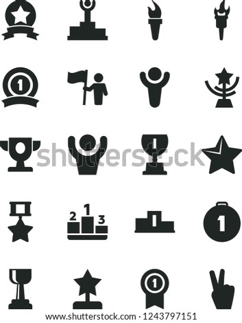 Solid Black Vector Icon Set - star vector, pedestal, flame torch, winner, podium, prize, award, gold cup, reward, man hold flag, first place medal, with pennant, ribbon, hero, hands up, victory hand