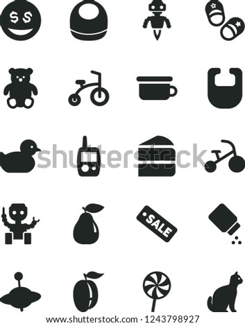 Solid Black Vector Icon Set - baby powder vector, bib, duckling, toy mobile phone, children's potty, small teddy bear, yule, child bicycle, tricycle, shoes, piece of cake, lollipop, pear, ripe plum