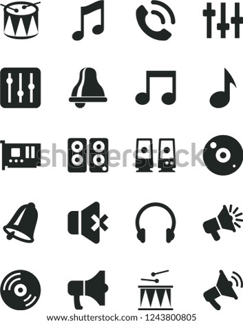 Solid Black Vector Icon Set - bell vector, drumroll, drum, headphones, music, CD, regulator, no sound, phone call, megaphone, loudspeaker, pc card, speaker, note, settings