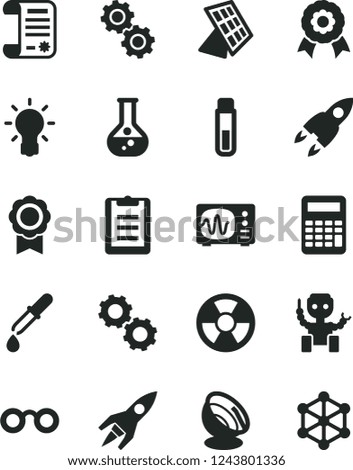 Solid Black Vector Icon Set - flask vector, radiation hazard, research article, test tube, glasses, bulb, gears, pipette, oscilloscope, clipboard, calculator, medal, robot, sun panel, rocket