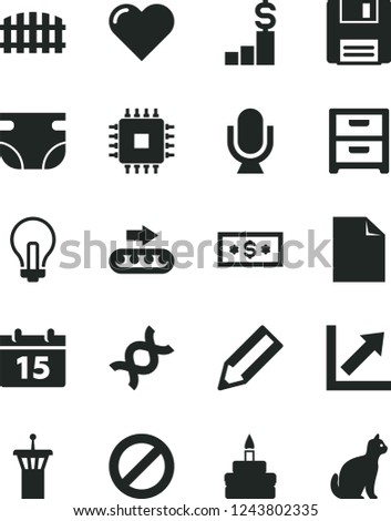 Solid Black Vector Icon Set - incandescent lamp vector, prohibition, clean sheet of paper, growth chart, nappy, fence, calendar, heart, microphone, nightstand, birthday cake, production conveyor
