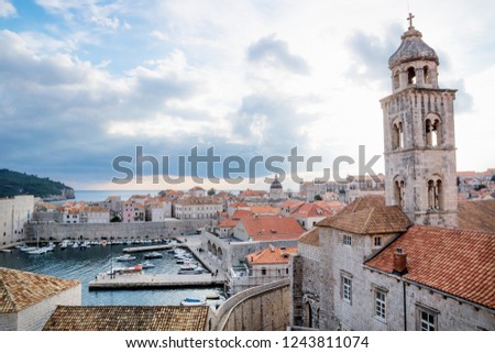 Bell tower of the Dominican Monastery with city and sea view in Dubrovnik, Croatia