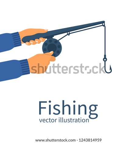 Fisherman holding in hands classic fishing rod, spinning rods with hook. Fishing concept. Vector illustrations flat design. Activity sport banner poster.