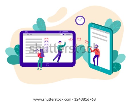  Concept of an e-mail messages,a man sends messages from a smartphone to a tablet where workers processing incoming messages.Flat vector illustration.