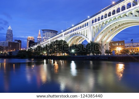 Cleveland skyline seen accross Cuyahoga River Royalty-Free Stock Photo #124385440
