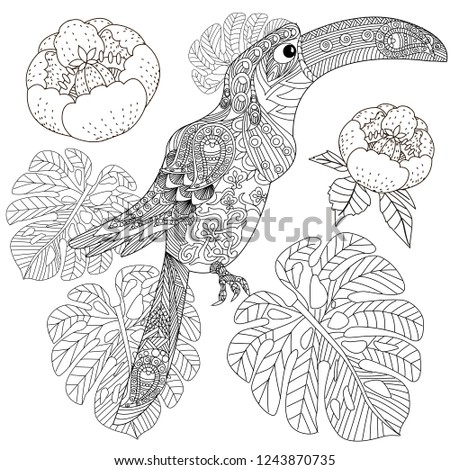 Coloring Pages. Colouring pictures with bird and flowers. Antistress freehand sketch drawing with doodle and zentangle elements.