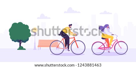 Man and Woman Characters Riding Bicycle in the City Background. Active People Enjoying Bike Ride in the Park. Healthy Lifestyle, Eco Transportation. Vector Illustration