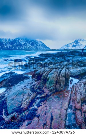 Young Girl Making Pictures At Picturesque Norwegian Skagsanden Beach At Early Spring Time.Vertical Image Orientation