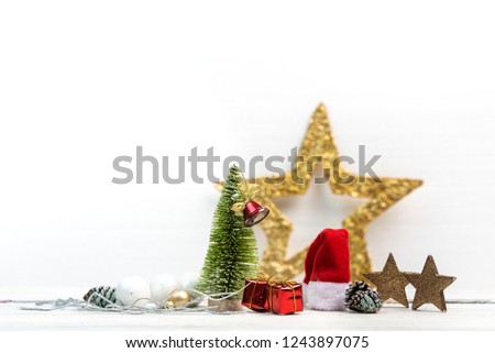 simple bright background in colors: white, silver, gold, red and green with traditional Christmas elements and space for text
