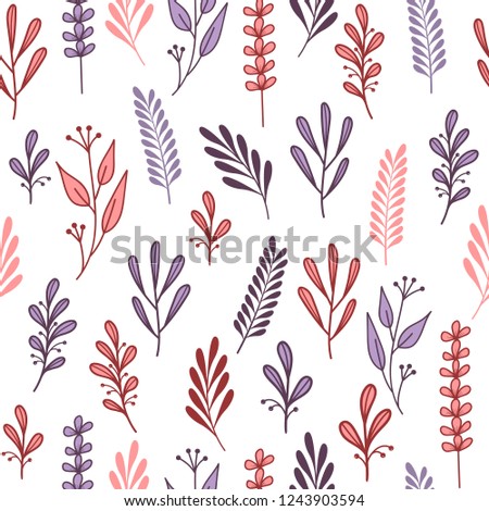 Seamless pattern with pink and purple doodle branches on a white background.Pastel print for fabric,wrapping paper,greeting cards,wedding invitations,wallpaper,mugs,background for your design