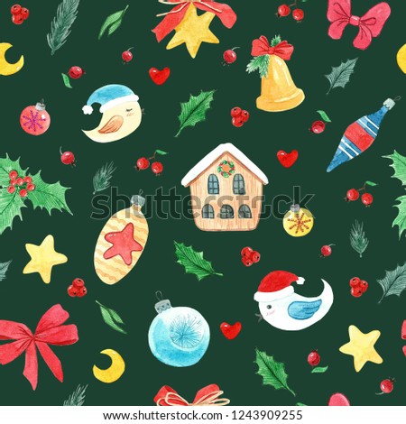 Watercolor christmas seamless pattern whit decoration, house, cute bird, green mistletoe and berry, bows and star