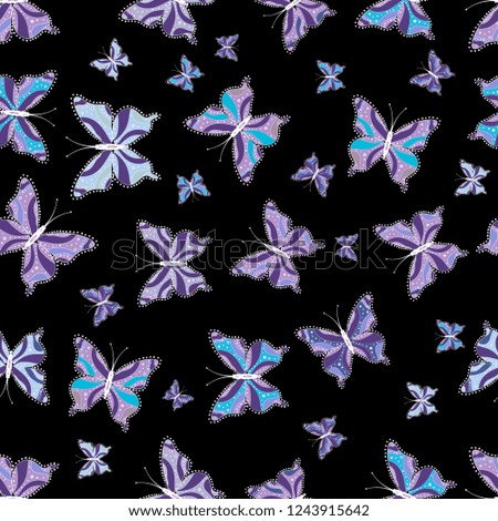 Beautiful butterflies flying in the floral jungle design for book pages. Pictures in violet, neutral and black colors. Seamless colorfil pattern. Fantasy nice illustration.