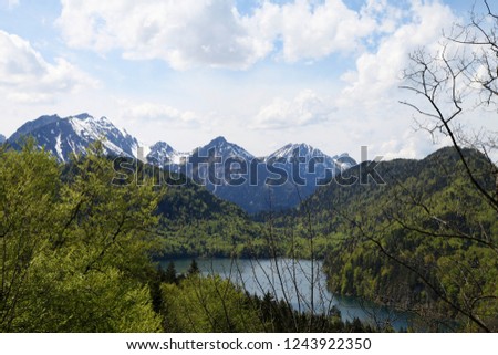 Hiking in Europe, Germany. Beautiful view from high mountain. Lake, forest, castle, roads