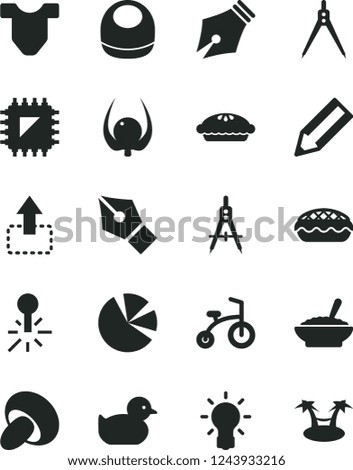 Solid Black Vector Icon Set - baby bib vector, Child T shirt, duckling, bicycle, move up, porcini, pie, apple, a bowl of buckwheat porridge, physalis, smd, mercury thermometer, Measuring compasses