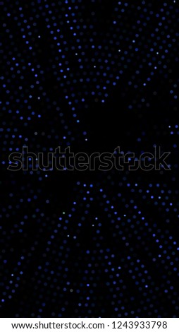 Glowing particles, polka dots on a dark blue background. Vertical festive banner. An elegant holiday pattern. Vector illustration.