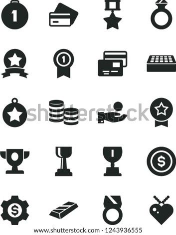 Solid Black Vector Icon Set - brick vector, cards, coins, catch a coin, prize, award, gold cup, star medal, first place, with pennant, hero, ribbon, diamond ring, bar, dollar, gear, credit card